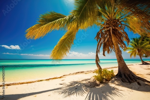 Caribbean island vacation  hot summer day on a sunny tropical Caribbean beach with palm palms and turquoise ocean. Generative AI