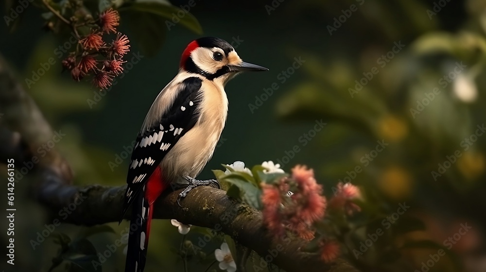 Fototapeta premium A woodpecker on a branch in the forest. Generative AI