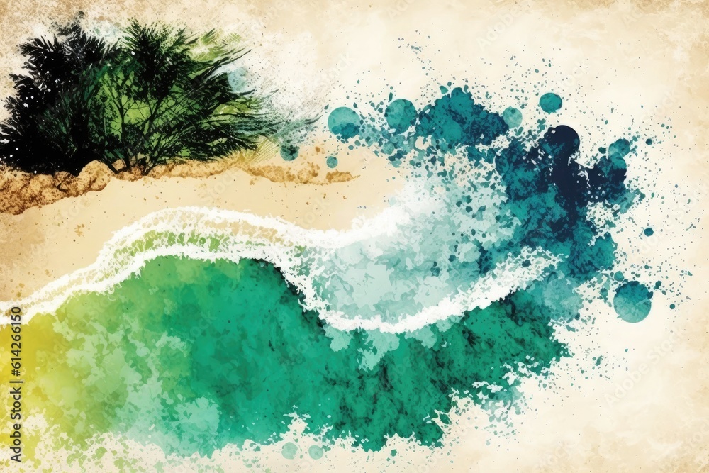 Abstract summer background with a handmade wash effect depicting an overhead view of the beach and water. Generative AI