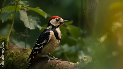 A woodpecker on a branch in the forest. Generative AI © Kateryna Kordubailo