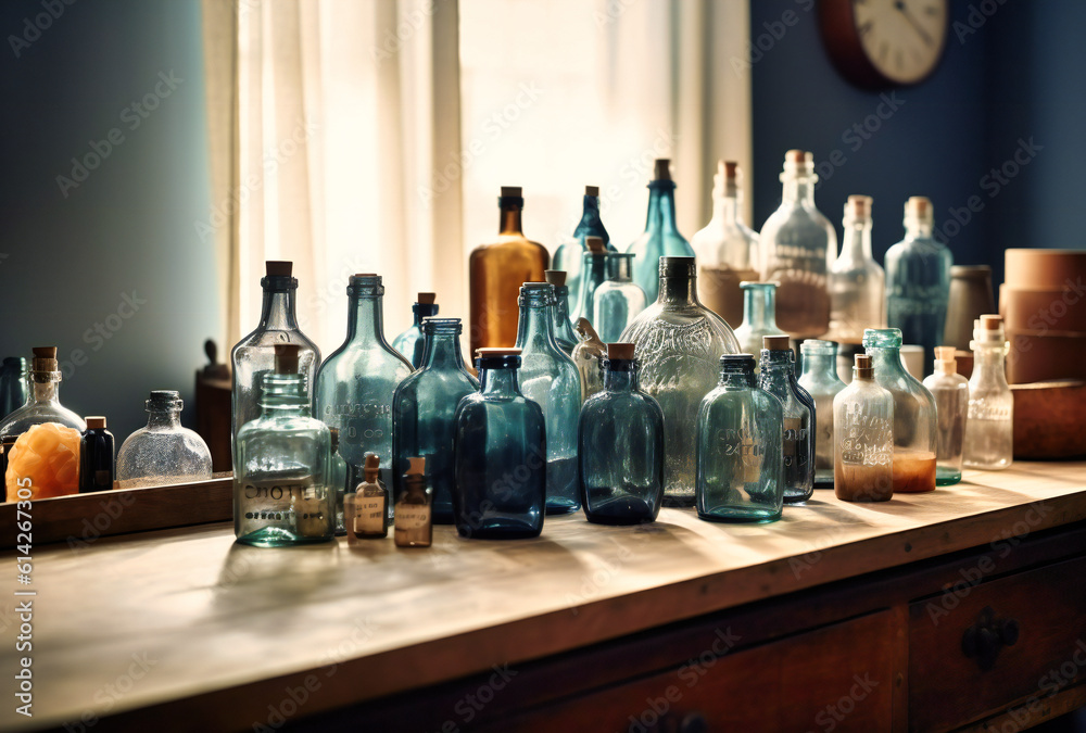 a counter with a mixture of glass bottles on top a counter with a mixture of glass bottles on top