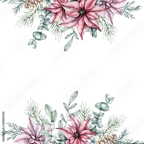 Fototapeta Naklejka Na Ścianę i Meble -  Christmas frame of red poinsettia flower, pine cone, snowberry, waxberry, or ghostberry and emerald spruce branch, pine twig, eucalyptus, evergreen tree, fir, cedar. Hand painted watercolor flower