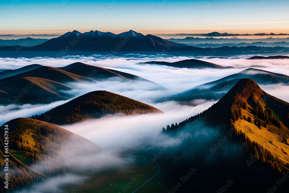 A breathtaking aerial view of a serene mountain range covered in a blanket of mist