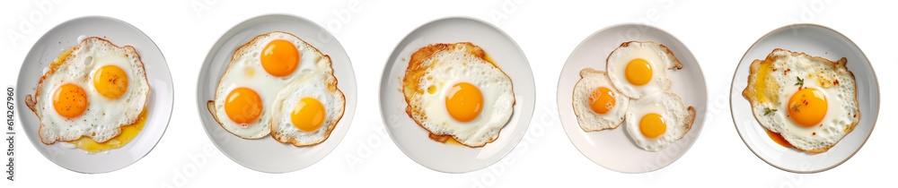 set of isolated illustrations of different fried eggs plates. Created with Generative AI set of isolated illustrations of different fried eggs plates. Created with Generative AI