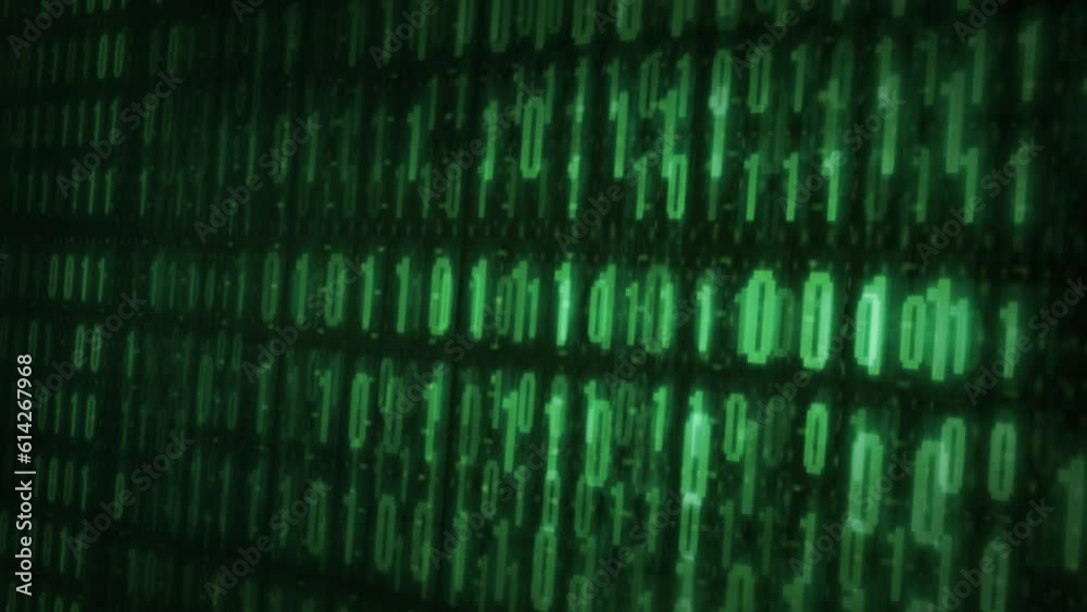Binary code data visualization, video loop. Perspective view 3D ...