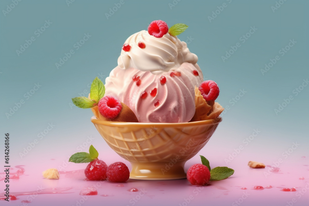 Ice cream cone with rasberry topping on a blue background. AI Generative Ice cream cone with rasberry topping on a blue background. AI Generative