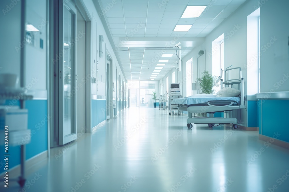 Abstract medical background: Blurred interior of a hospital, creating a sense of depth and abstraction. Generative AI