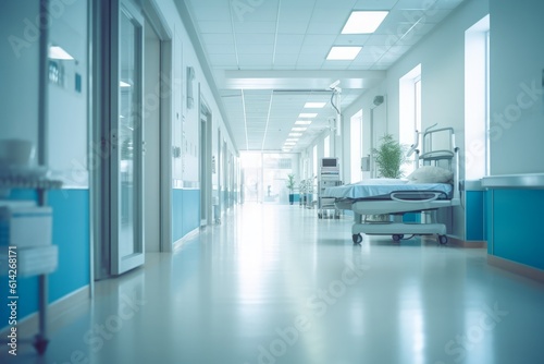 Abstract medical background: Blurred interior of a hospital, creating a sense of depth and abstraction. Generative AI
