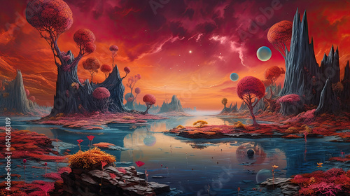 landscape of a fantasy alien planet. Generative AI image.