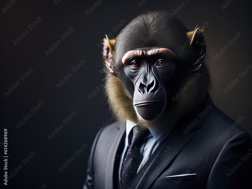 Portrait of a baboon dressed in an elegant business suit. ai generative