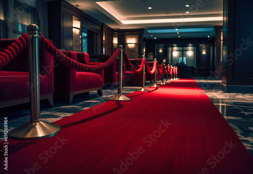 an empty line of red ropes in a lobby
