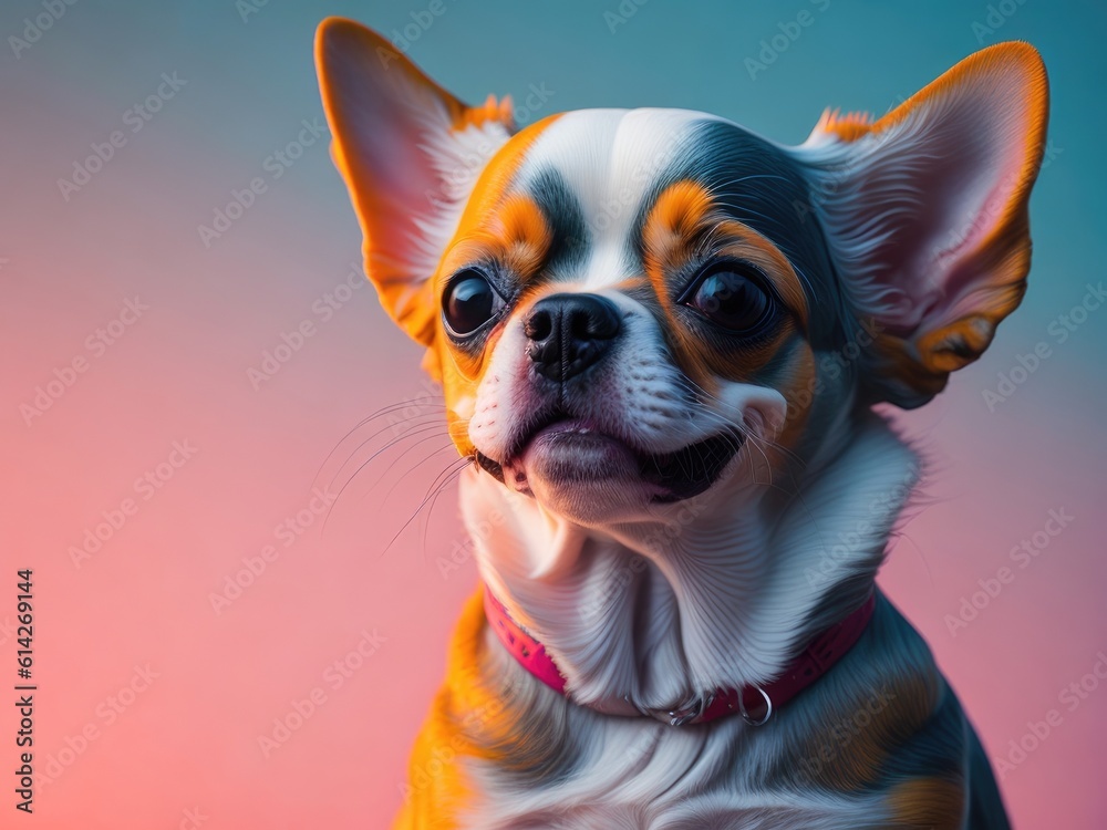 Portrait of a puppy chihuahua with a flower heart on pastel background. ai generative