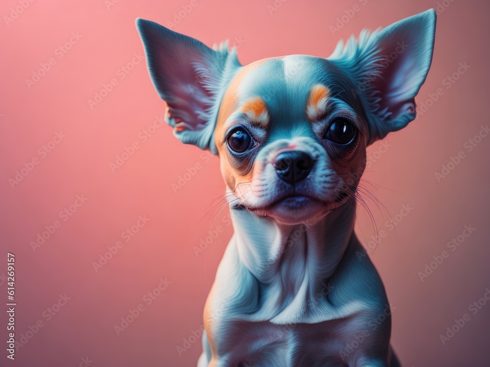 Portrait of a puppy chihuahua with a flower heart on pastel background. ai generative