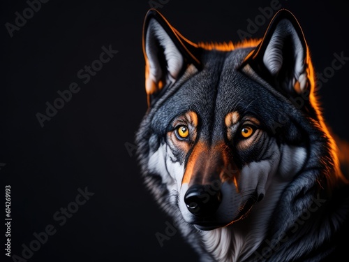 Portrait of adult wolf look on camera on black background. ai generative