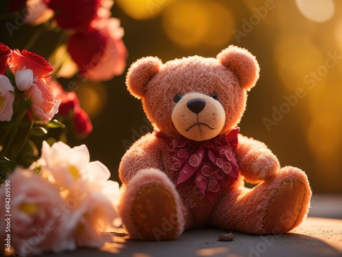 Teddy bear with roses on light background. ai generative © Igor