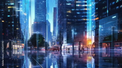 Abstract cityscape with glass windows  and reflections  generative AI