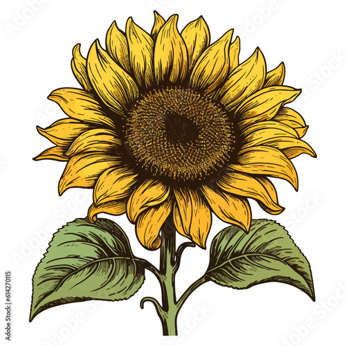Open unflower colored illustration. Hand painted flowers. Sunflower isolated on white background