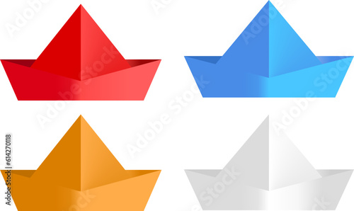 Folded paper boat vector set isolated on white background, Origami paper ship, illustration, colorful set. Design for your identity. Origamy logo modern style.