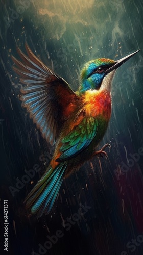 A colorful bird flying up towards the rainy sky ai, ai generative, illustration © ME_Photography
