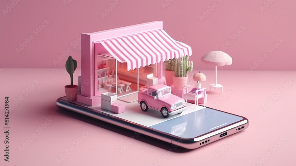 Online shopping. E-commerce concept: 3d generated smartphone with online shop on the screen. Created with Generative AI technology. Online shopping. E-commerce concept: 3d generated smartphone with online shop on the screen. Created with Generative AI technology.