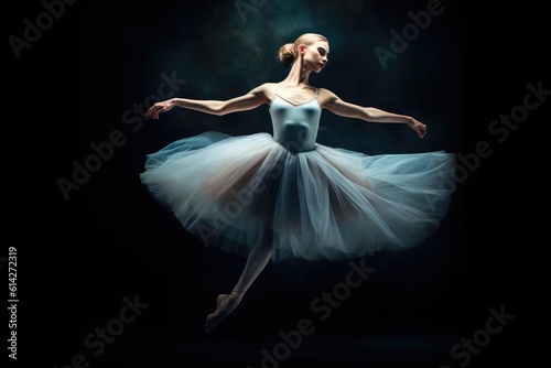 A close - up shot of a ballerina in mid - air, frozen in a graceful pose. Generative AI