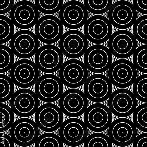 Repeated small and big white circles and triangles background. Seamless surface pattern design with circular ornament. Hoops wallpaper. Round motif. Spheres image. Digital paper with rings. Vector art