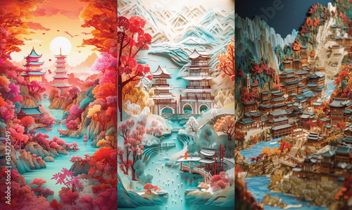 Japanese Paper Landscape Art Depicting Japanese Temple and Gardens (Bundle of 3 vertical) © Luke
