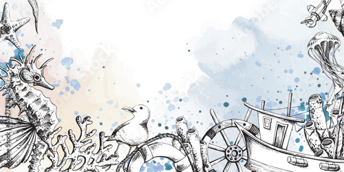 Marine animals with a fishing boat, a steering wheel and a life buoy. Illustration of hand drawn graphics, vector in EPS format. Template, frame on a white background
