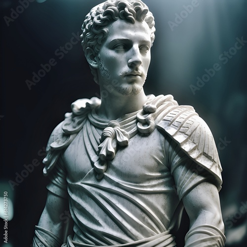 Image of a white marble statue bust of a roman soldier or the demigod hero Hercules. According to Greek mythology, despite not being a God, Hercules was welcomed into Mount Olympus.