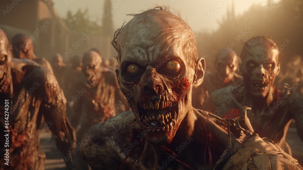 A centered shot of a zombie attack on a city