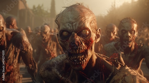 A centered shot of a zombie attack on a city