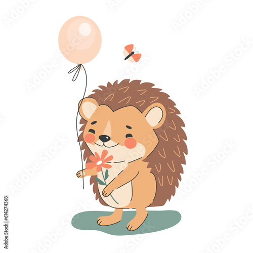 Cute cartoon hedgehog with balloon and flower, flat style vector illustration.