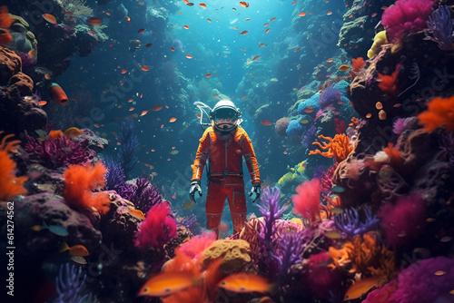 A person wearing a diving suit swimming in the depths of the sea amidst the colorful coral reefs, displaying beautiful vibrant colors © Saymor 2000