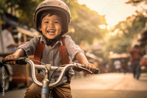 A child boy riding a bicycle for the first time. Generative AI