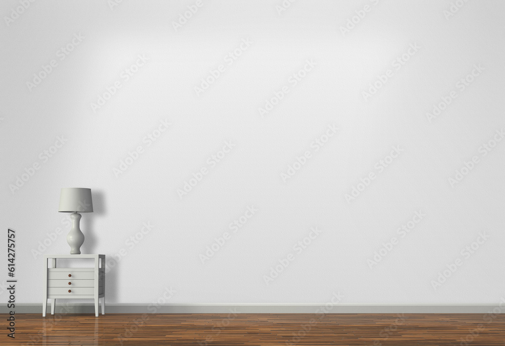 White Wall Parquet Floor Bedside Table with Lamp Room 3D-Illustaration White Wall Parquet Floor Bedside Table with Lamp Room 3D-Illustaration