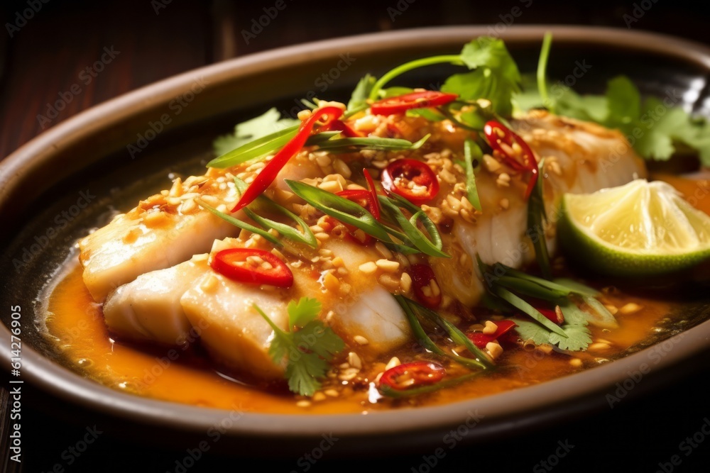 Thai dish of pla kapong neung manao, or steamed sea bass with lime sauce. The delicate sea bass is steamed is then bathed in a tangy lime sauce, with garlic, chili, and herbs. Generative Ai - obrazy, fototapety, plakaty 