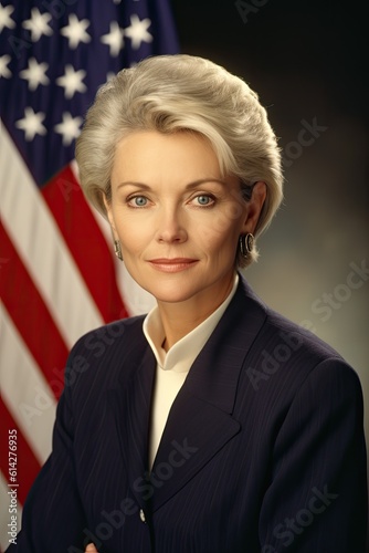 Canvas Print Portrait of an American female politician with a US flag in the background