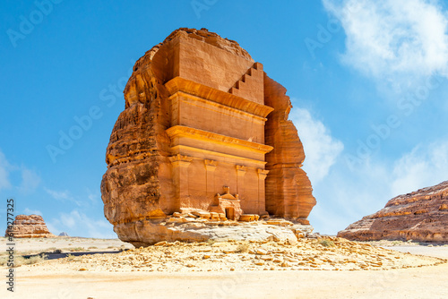 Entrance to the ancient nabataean Tomb of Lihyan, son of Kuza carved in rock in the desert,  Mada'in Salih, Hegra, Saudi Arabia