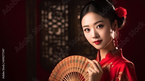 A beautiful Asian woman wearing traditional Chinese dress and holding a fan in an ancient asian house