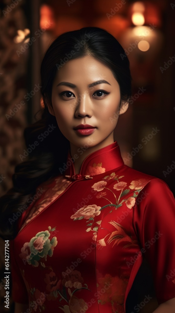 A beautiful Asian woman wearing a traditional Chinese dress in an ancient asian house A beautiful Asian woman wearing a traditional Chinese dress in an ancient asian house