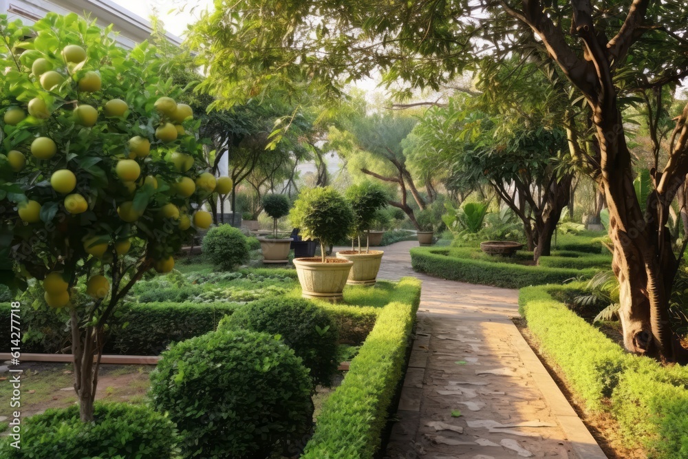 The villa garden with a variety of plants and trees that offer beauty and functionality. Fruit trees bear ripe and luscious fruits, while herbs and aromatic plants provide fragrance. Generative Ai