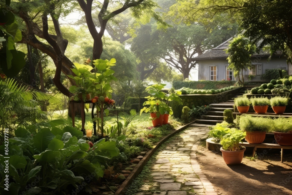The villa garden with a variety of plants and trees that offer beauty and functionality. Fruit trees bear ripe and luscious fruits, while herbs and aromatic plants provide fragrance. Generative Ai