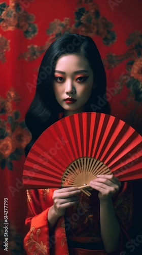 A beautiful Asian woman wearing a traditional Chinese dress in an ancient asian house