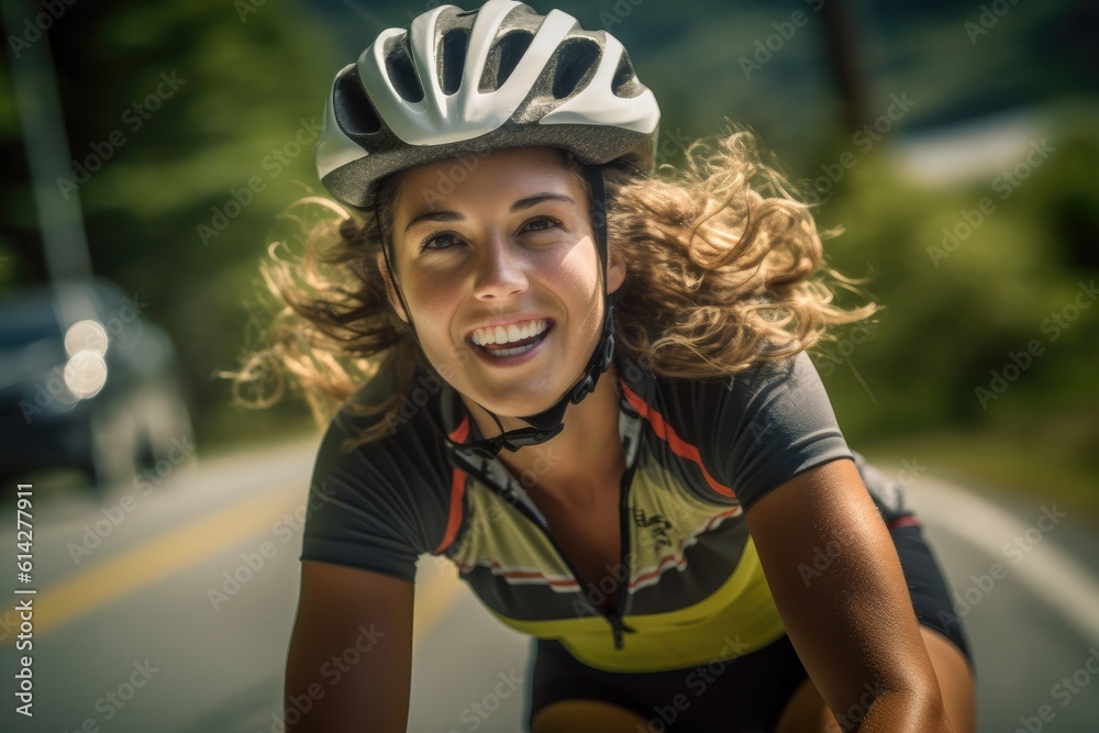 A young woman cyclist with a close - up shot of her smiling face as she rides. Generative AI A young woman cyclist with a close - up shot of her smiling face as she rides. Generative AI