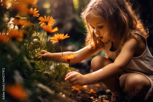 The joy and curiosity of a girl to discover nature. Close-up of girl picking flowers. Generative AI