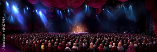 Illustration of a Grand Theater: Stage, Projectors, Red Curtains, Panoramic View, Yellow Spotlight, AI generated
