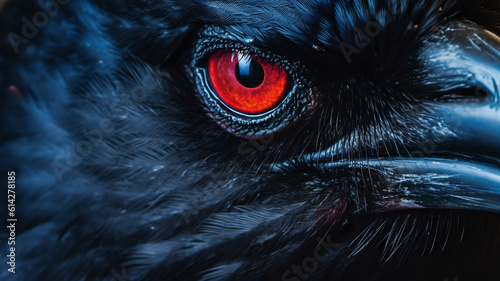 Macro Closeup Illustration of Black Raven with Red Eye - Generative AI