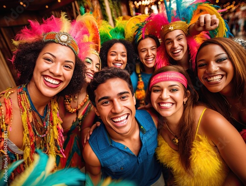 Colorful photo of Group of latin friends in Brazil on a samba dance party