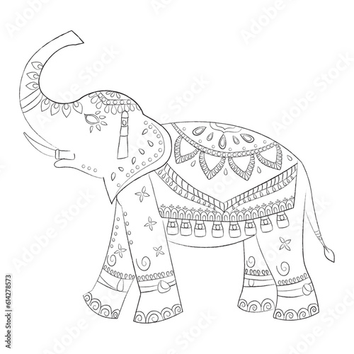 Indian Elephant ouline. hindu art. ganesha god. detailed illustration. black color