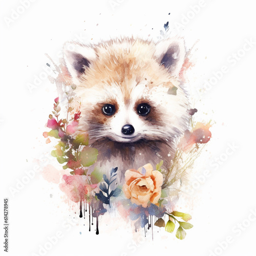 Watercolor illustration. raccoon with floral wreath Ai Generated 